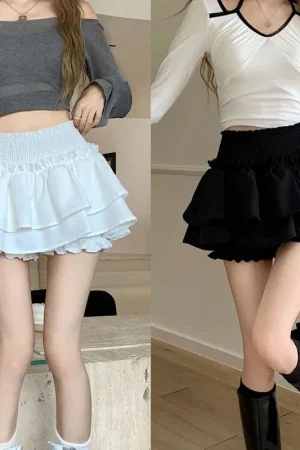 Mini Skirt Cute Sexy Balletcore Elastic High Waist Ball Gown Ruffle Patchwork Lolita Skirt Short Korean Sweet Y2K Women Clothing