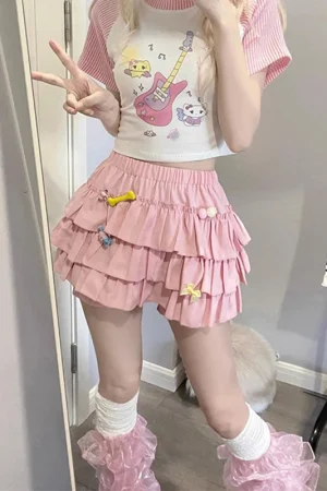 MEXZT Y2K Sweet Ruffles Mini Skirt Women Kawaii Lolita Bow A Line Skirts Harajuku Japanese High Waist Pink White Ball Gown Skirt